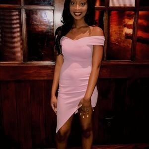 pink off the shoulder asymmetrical midi dress